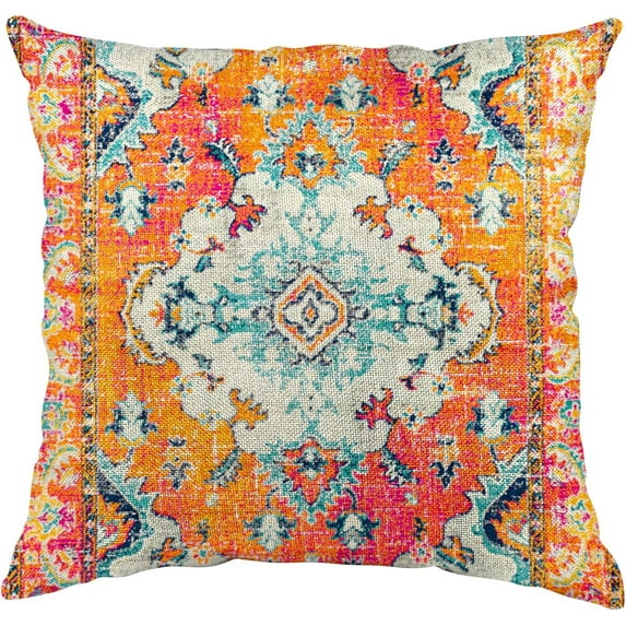 Boho Vintage Throw Pillow Cover Carpet Orange Pattern Antique Ethnic Decorative Pillow Cases Home Decor Square 18x18 Inches Pillowcase
