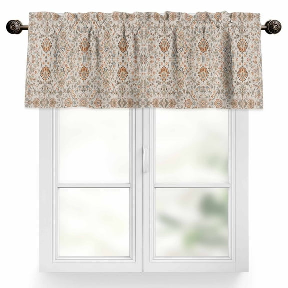 Boho Vintage Valances for Windows, 42 x 12in, Tribal Style Flowers Rod Pocket Kitchen Valance Curtain Light Filtering Window Treatments for Living Room Bedroom, 1 Panel