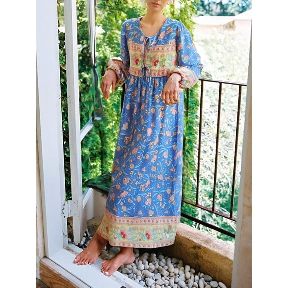 Boho Vintage Women Long Sleeve Blue Floral Print Beach Bohemian Maxi Dress Ladies Tie Neck Rayon Cotton Summer Dresses Robe