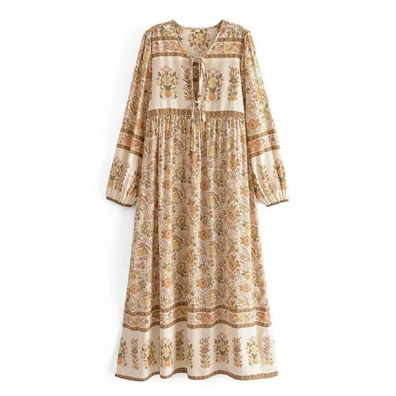 Boho Vintage Women Long Sleeve Floral Print Tie Neck Beach Bohemian Maxi Dress Ladies Rayon Cotton Summer Sundress Robe