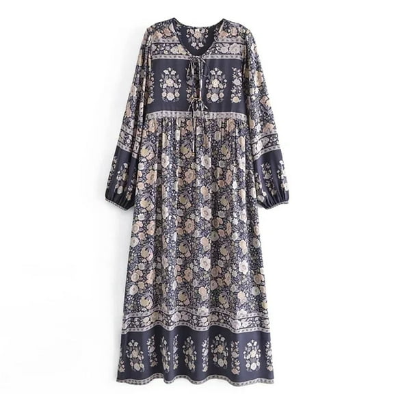 Boho Vintage Women Long Sleeve Floral Print Tie Neck Beach Bohemian Maxi Dress Ladies Rayon Cotton Summer Sundress Robe