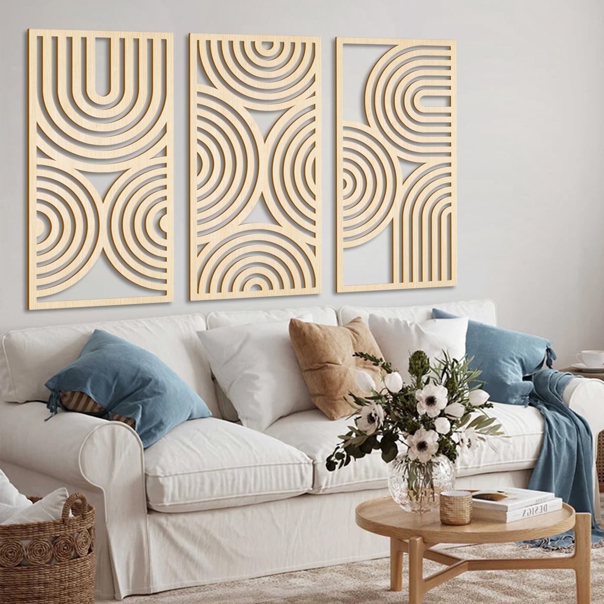 HPNIUB Boho Wood Geometric 3 Panel Wall Art Abstract Arches Hollow ...