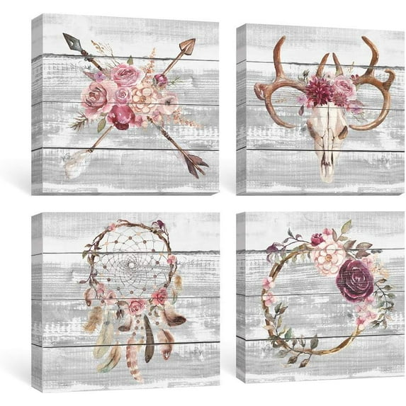 Boho Wall Art Bedroom Rustic Pink Flowers Pictures Farmhouse Decor Grey Bull Skull Canvas Paintings Girls Dorm Grey Floral Prints Framed Artwork Set of 4 Home Gifts,12x12 inch