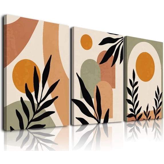 Boho Wall Art, Boho Room Decor, Mid-Century Modern Wall Art Print, Framed Abstract Canvas Art Prints Sun Botanical Orange Green Beige Minimalist Wall Decor Ready To Hang for Bathroom Bedroom Living