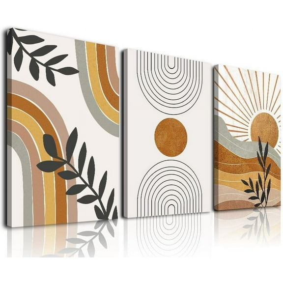 Boho Wall Art, Boho Wall Decor, Mid-Century Modern Wall Art Prints, Framed Neutral Abstract Geometric Canvas Art Prints Orange Rainbow Sun Desert Minimalist Boho Painting for Bathroom Bedroom Living