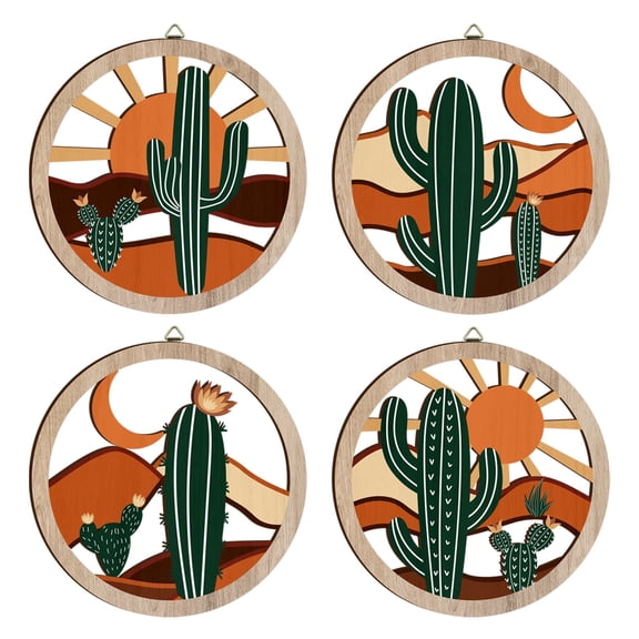 TOARTi Boho Wall Art Cactus Abstract Desert Nature Landscape Wood Cut Out Set of 4 For Living Room Bedroom Farmhouse 10x10 Inch