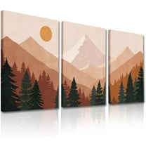 Boho Wall Art Decor,Mid-Century Modern Wall Prints, Abstract Sun Mountain Forest Lake Nature Scenery Framed Canvas Wall Art Paintings, Minimalist Woodland Nursery Boho Wall Decor (12x16inch, Set of 3)