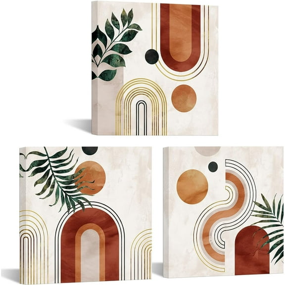 Boho Wall Art Decor Minimalist Wall Art Pictures Canvas Prints Mid Century Modern Home Decor, Framed Ready to Hang, Set of 3 Piece 12inx12in (Orange)