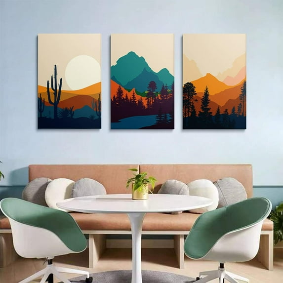 Boho Wall Art Decor Prints Bohemian Modern Minimalist Desert Cactus Landscape Pictures Sun and Moon Posters Forest Decor for Living Room Bedroom Bathroom Office Framed Painting Set of 3 12"x16"