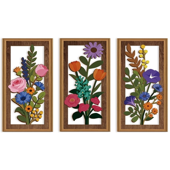 Boho Wall Art Floral Wall Decor Framed Colorful Flowers Wall Sculpture Nature Botanical Wood Cut out Artwork Set of 3 for Living Room Bedroom Farmhouse 8X16 In