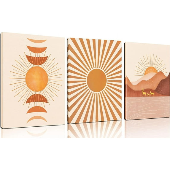 Boho Wall-Art For Bedroom - Mid Century Modern Decor Canvas Print - Orange Minimalist Art Wall Decor Ready To Hang 16" x 12" x 3 Pieces