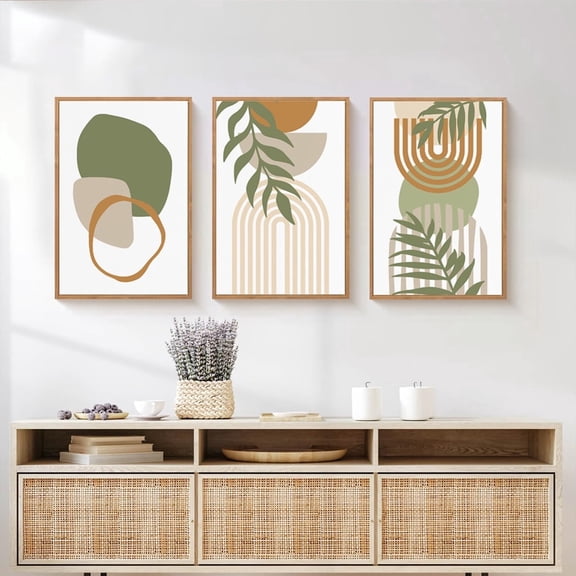 HPNIUB Boho Framed Sage Green Canvas Wall Art Nature Botanical Painting Mid Century Decor Set of 3 for Living Room Bedroom Office 16x24 Inch