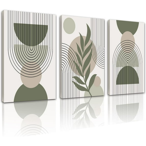 Boho Wall Art Green Sage Bohemain Decor Mid Century Modern Minimalist Abstract Geometry Canvas Prints Ready To Hang for Bedroom Living Room,12"x16"x3pcs(FRAMED)