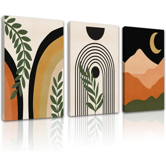 Boho Wall Art Mid Century Modern Decor 𝗙𝗿𝗮𝗺𝗲𝗱 Botanical Boho Wall Decor Minimalist Bohemian Bedroom Decor Canvas Prints Ready To Hang for Bedroom Living Room,12"x16"x3pcs(FRAMED)