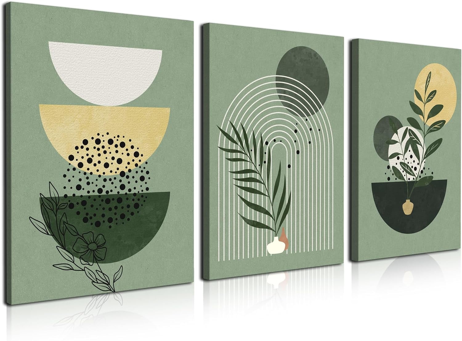 Sage Green Boho Abstract Canvas Wall Art Set