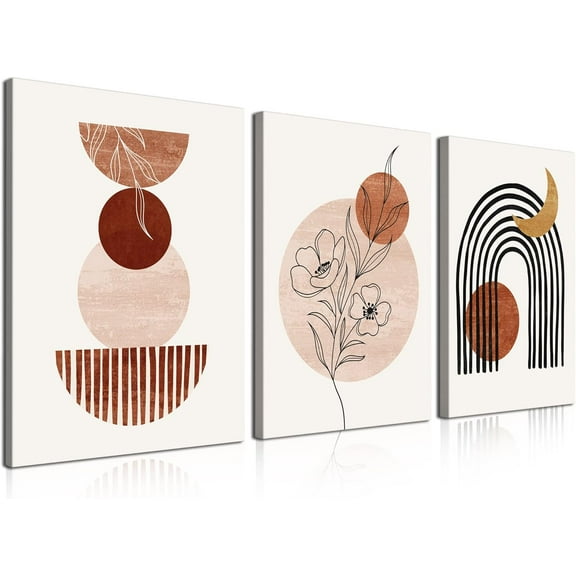 Boho Wall Art, Mid Century Modern Wall Art, Set of 3 Framed Canvas Wall Art Prints 12"x16" Abstract Geometric Neutral Beige Brown Boho Artwork Wall Decor for Bedroom Living Room Bathroom