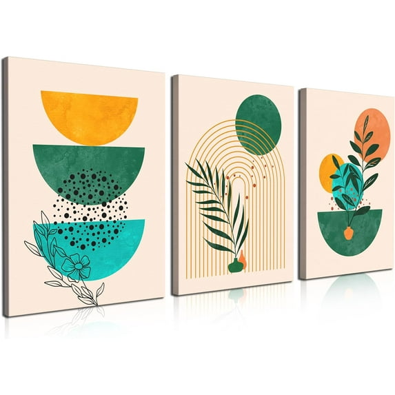 Boho Wall Art, Mid Century Modern Wall Art, Set of 3 Framed Canvas Wall Art Prints 12"x16" Abstract Geometric Neutral Beige Green Boho Artwork Wall Decor for Bedroom Living Room Bathroom