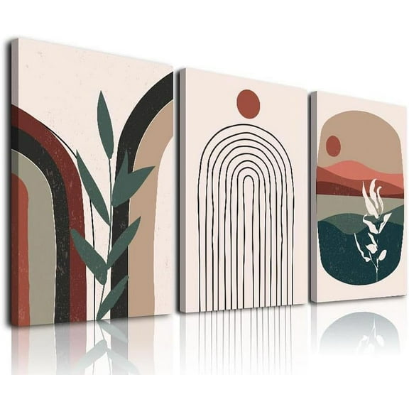 Boho Wall Art, Mid-Century Modern Wall Prints, Minimalist Framed Canvas Paintings Black Beige Moon Plant Rainbow Geometric Neutral Abstract Artwork Pictures ,Boho Wall Decor for Living Room,