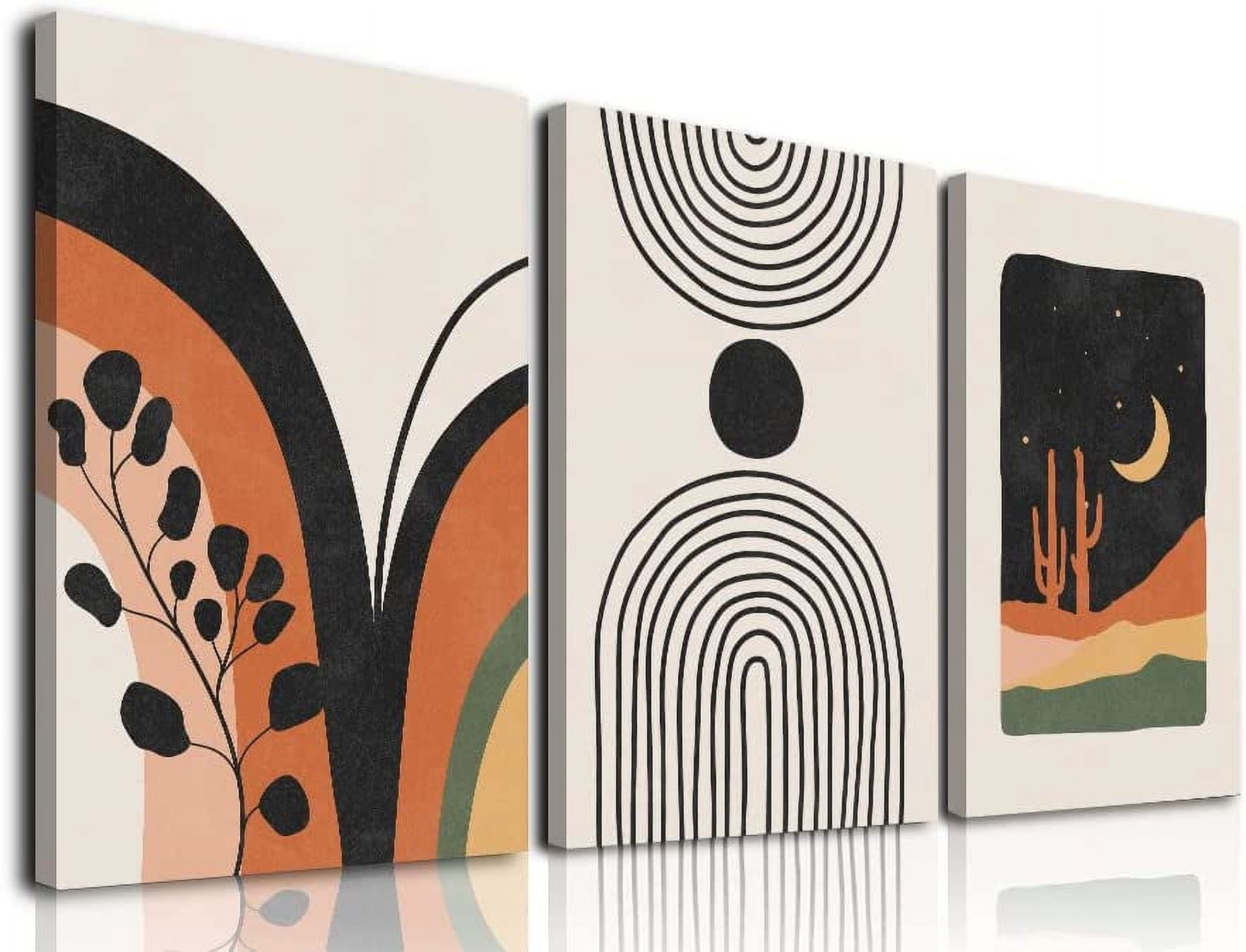 Boho Wall Art, Mid-Century Modern Wall Prints, Minimalist Framed Canvas Paintings Black Beige Orange Moon Plant Desert Geometric Neutral Abstract Artwork Pictures Boho Wall Decor 12"x16"x 3
