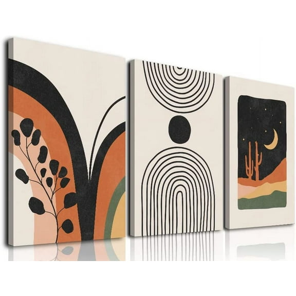 Boho Wall Art, Mid-Century Modern Wall Prints, Minimalist Framed Canvas Paintings Black Beige Orange Moon Plant Desert Geometric Neutral Abstract Artwork Pictures Boho Wall Decor 12"x16"x 3