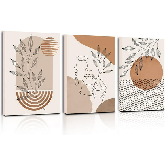 Boho Wall Art, Minimalist Wall Decor Living Room, Farmhouse Mid-Century Modern Leaf Wall Decoration for Bedroom, Bohemian Moon and Line Painting for Bathroom, Home Decor Print