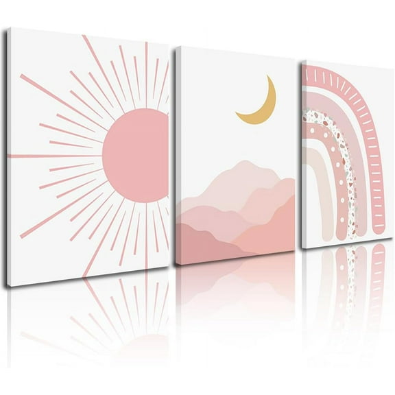 Boho Wall Art for Nursery Room Decor Boho Sun Sunrise Wall Decor Pink White Artwork Framed Canvas Wall Art Pictures, Mid-Century Modern Abstract Prints for Bedroom,Minimalist wall Decor 12"x16"