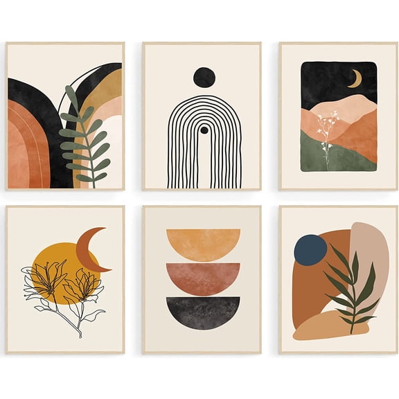 Boho Wall Art Prints, Mid-Century Modern Wall Art, Abstract Geometry Canvas Paintings Monstera Palm Sun Moon Mountain Wall Pictures, Minimalist Boho Wall Decor for Bedroom Living Room Bathroom Office