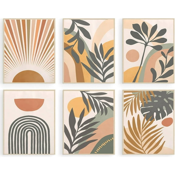 Boho Wall Art Prints Set of 6, Mid-Century Modern Prints, Neutral Geometric Boho Wall Decor Sun Moon Palm Leaf Rainbow Canvas Artwork Prints, Minimalist Gallery Wall Posters for Bedroom Living Room