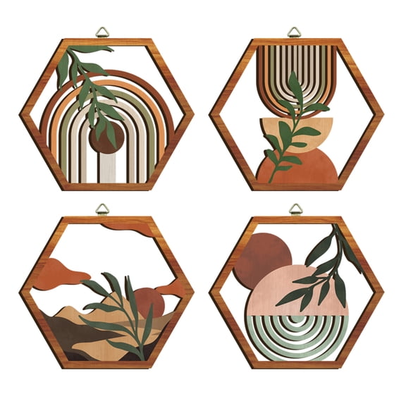 Boho Wall Art Sage Green Wall Decor Minimalist Geometric Wall Sculpture Terracotta Wood Cut Out Artwork Set of 4 for Living Room Bedroom Farmhouse 11.5x8.5 In