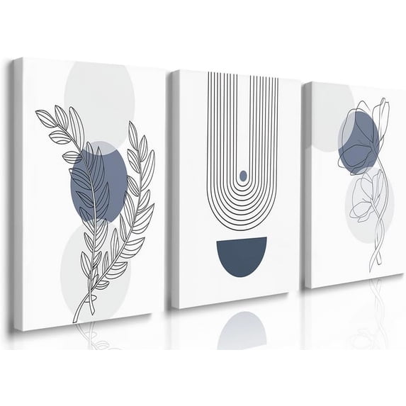 Boho Wall Art Set of 3, Boho Room Decor, Mid-Century Modern Wall Art Prints, Blue Framed Neutral Geometric Canvas Prints Black and White Wall Art Sun Leaf Mountain Minimalist Artwork 12" X 16"
