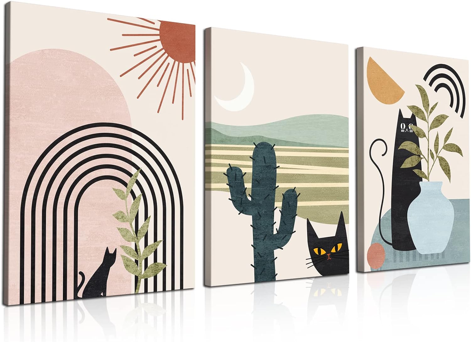 Boho Wall Art, Set of 3 Framed Wall Art, 12"x16" Canvas Wall Art, Cat