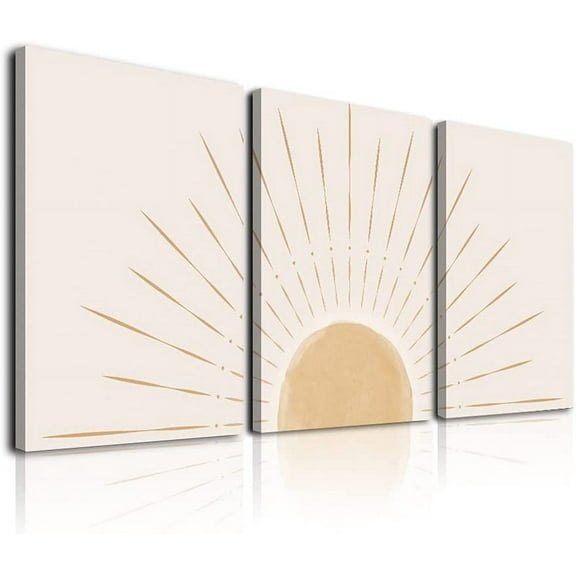 Boho Wall Art Set of 3, Framed Canvas Wall Art Yellow Sun Rising on the Horizon Geometric Nature Illustrations Line Art Wall, Mid-Century Modern Prints Boho Sun Wall Decor for Living Room, 12"x16"