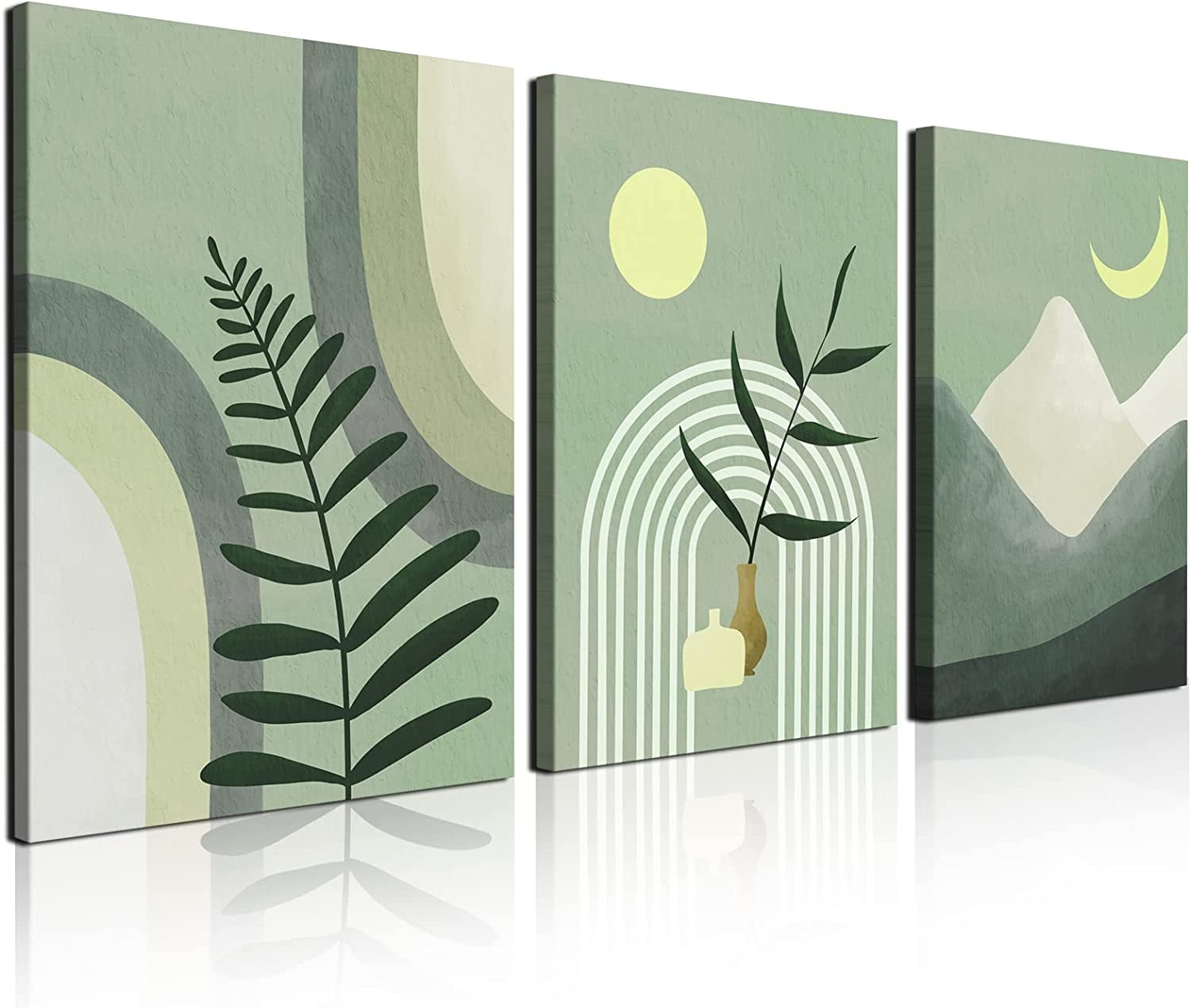 Sage Green Boho Abstract Canvas Wall Art Set