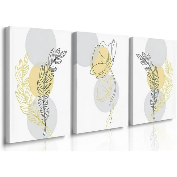 Boho Wall Art Set of 3 Mid Century Modern Decor,Boho Room Minimalist Yellow Gray White Botanical Boho Bathroom Decor Wall Art Framed Canvas Prints Ready to Hang for Bedroom Living Room 12"x16"