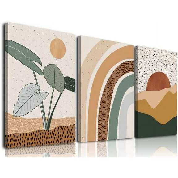 Boho Wall Art Set Of 3, Mid-Century Modern Wall Art, Framed Canvas Paintings Neutral Abstract Geometric Prints Sun Desert Plant Rainbow Nature Minimalist Artwork Boho Wall Decor for Bathroom Bedroom