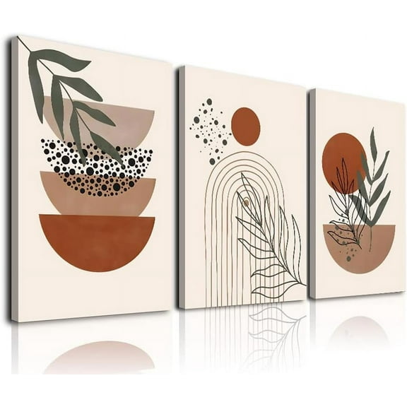 Boho Wall Art Set of 3 Mid-Century Modern Wall Art Moon Botanical Black Beige Terracotta Green Geometric Abstract Artwork Prints Modern Boho Wall Decor Ready To Hang for Living Room Bedroom 12x16