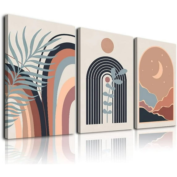 Boho Wall Art Set of 3 Mid-Century Modern Wall Art Sun Moon Plant Leaf Mountain Rainbow Beige Geometric Abstract Artwork Prints Modern Boho Wall Decor Ready To Hang for Living Room Bedroom 12x16