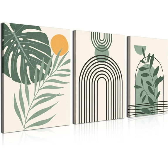 Boho Wall Art Set of 3 Mid Century Modern Wall Decor Abstract Geometric Prints Black Green Plant Sun Natural Framed Canvas Prints Artwork Ready To Hang for Living Room Bathroom Bedroom 12x16inch