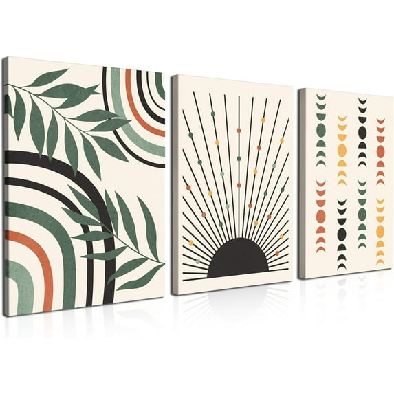 Boho Wall Art Set of 3, Mid Century Modern Wall Decor Abstract Geometric Prints Black Green Plant Sun Natural Framed Canvas Prints Artwork Ready To Hang for Living Room Bathroom Bedroom 12x16inch