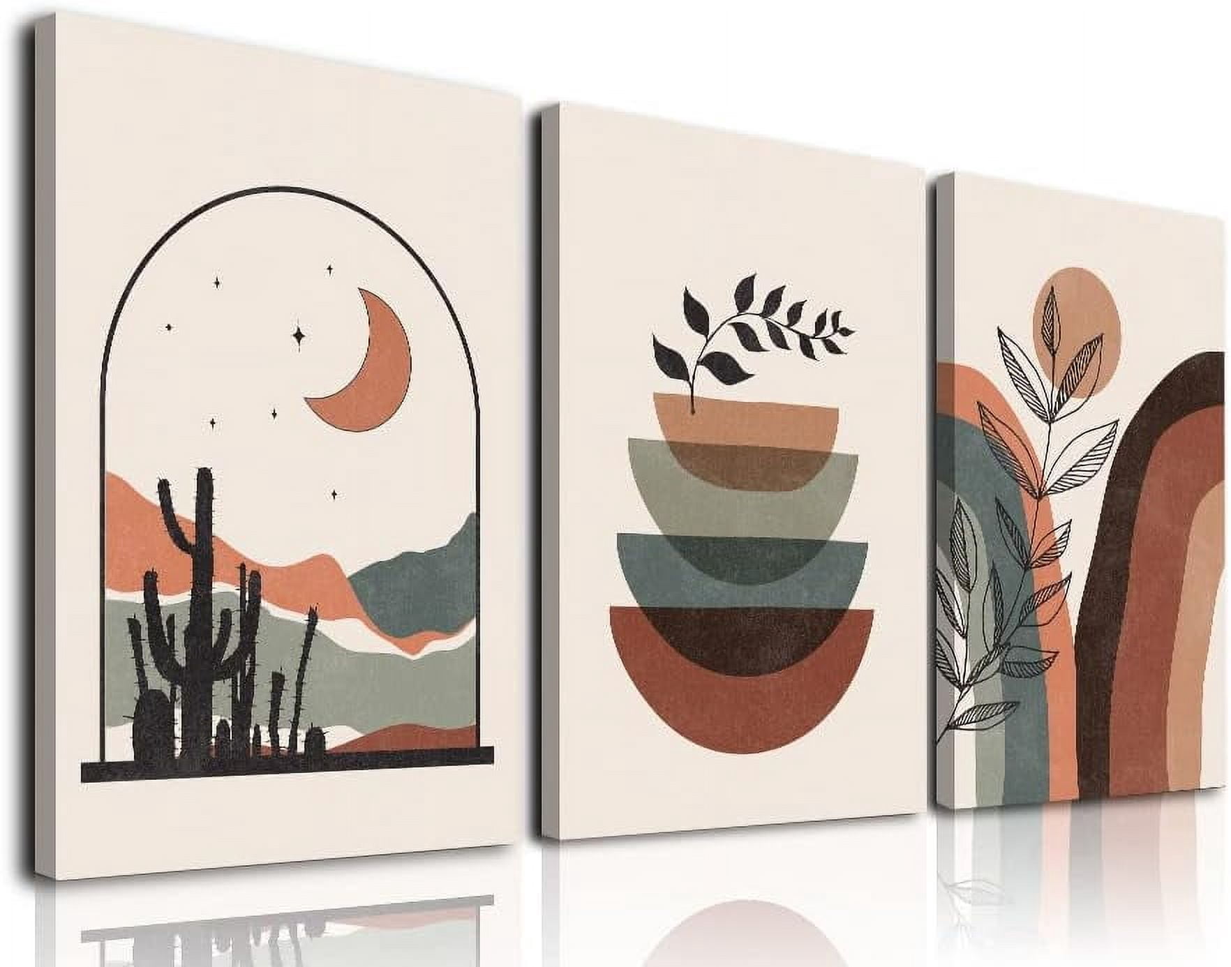 Boho Wall Art Set Of 3, Mid-Century Modern Wall Prints, Framed Neutral ...