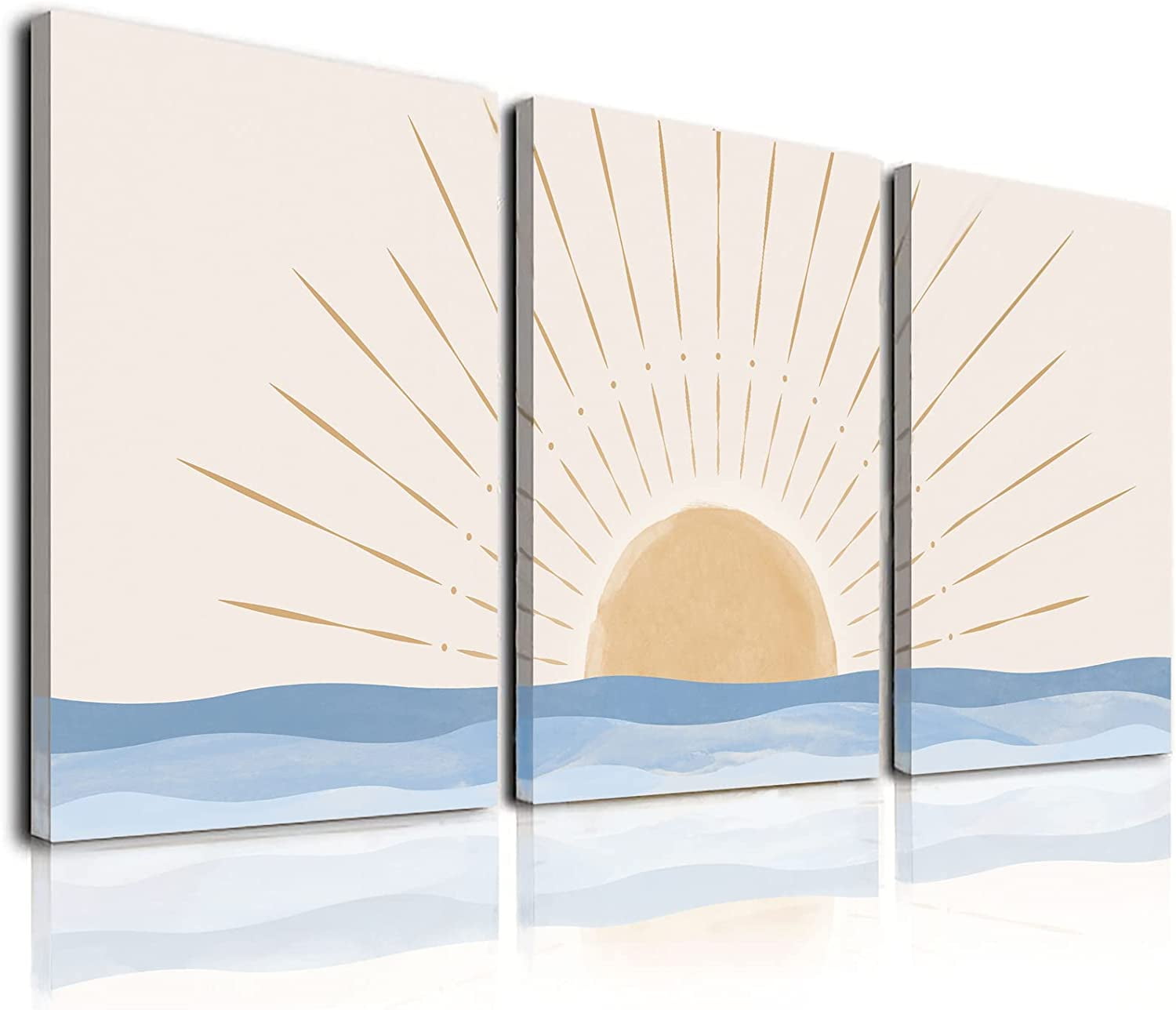 Boho Wall Art Set of 3, Neutral Geometric Sun Rising on the Sea