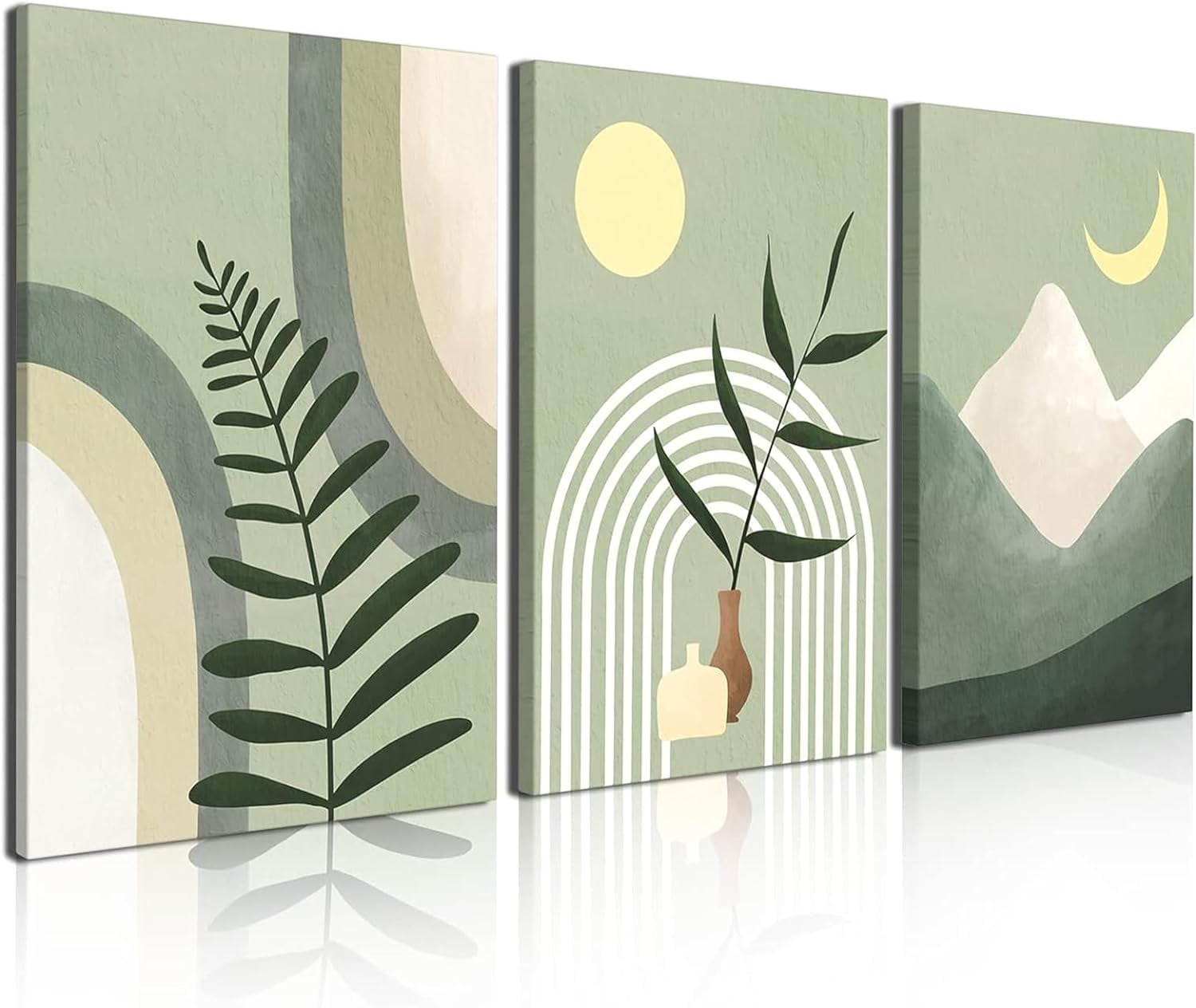 Sage Green and Beige Boho Canvas Wall Art Set
