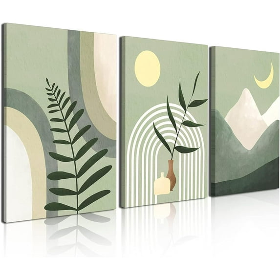 Boho Wall Art Set of 3, Sage Green Minimalist Framed Canvas Wall Art Geometric Leaf Sun Moon Beige Green Canvas Artwork 12"X16" for Bathroom Living Room Boho Wall Decor
