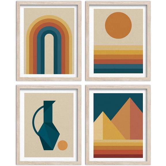 Boho Wall Art Set of 4 - Abstract Canvas Prints for Wall, Minimalist Boho Sun Wall Decor, Retro Boho Art Prints for Home & Office, Orange Geometric Posters, 8X10 UNFRAMED