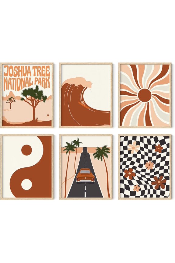 Boho Wall Art  Set of 6 Mid-Century Modern Prints, Retro Terracotta Minimalist Wall Decor, Rustic Aesthetic Artwork for Bedroom, Living Room, Office (Beige Unframed, 8x10inch)