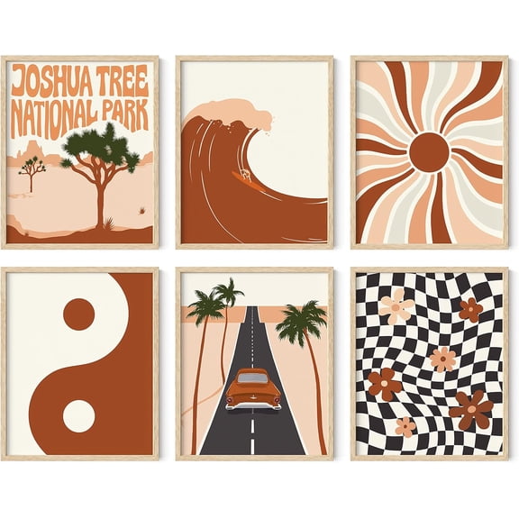 Boho Wall Art Set of 6 Mid-Century Modern Prints, Retro Terracotta Minimalist Wall Decor, Rustic Aesthetic Artwork for Bedroom, Living Room, Office (Beige Unframed, 8x10inch)