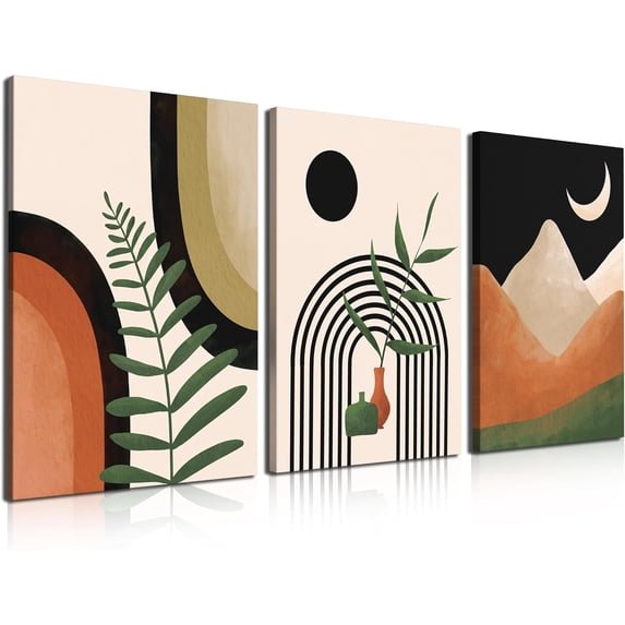 Boho Wall Art canvas Set of 3, Mid Century Modern Wall Decor, Minimalist Black Beige Neutral Abstract Geometric Wall Decor Canvas Prints Ready To Hang for Living Room Wall Decor 12x16in Framed