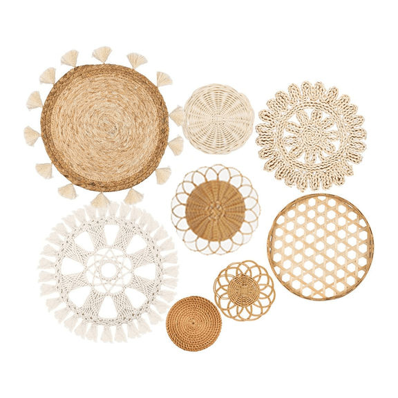 Boho Wall Basket Decor ,Flat Woven Basket Wall Hanging Decor,Round Tassels White Macrame Tapestry Wall Decor Art 8pack,1set x Boho Wall Basket,As Shown