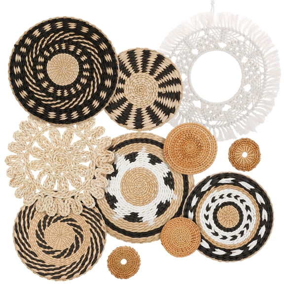 Boho Wall Basket Decor Set of 11 - Flat Woven Basket Wall Hanging Decor,Round Tassels White Macrame Tapestry Wall Decor Art,Handmade Rattan Wicker Seagrass Home Wall Baskets Decor（Boho Classic)