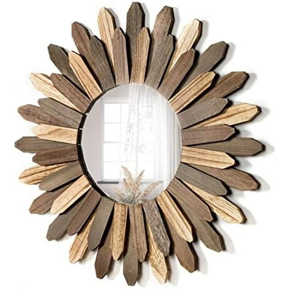 Boho Wall Decor 21 inch Wall Mirror Rustic Wood Decorative Mirror for Room Decor Rustic Home Decor Farmhouse Wall Decor at Living Room Bedroom Bathroom Hallway Trilcolor